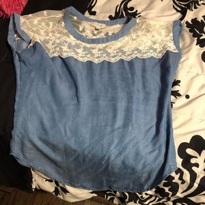 Blouse blue shirt with lace at the top